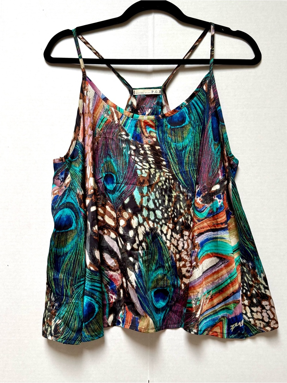 PEACOCK GRAPHIC TANK TOP RACERBACK SPAGHETTI STRAP SPLIT BACK SIZE LARGE